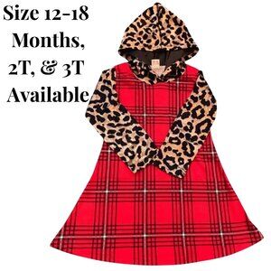 Christmas Toddlers Dress Red Plaid Leopard Print Hood A-line Size 3T